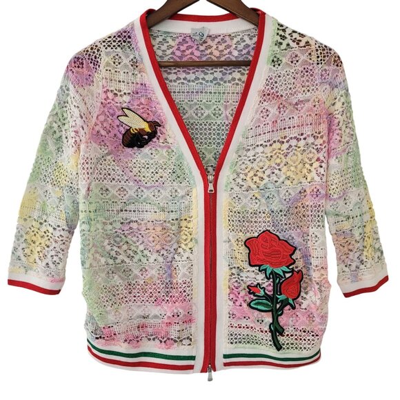 Zoe Zone of Embroidered Floral Bee Patch Lace Zip Cardigan Size M Multicolor - Picture 1 of 10